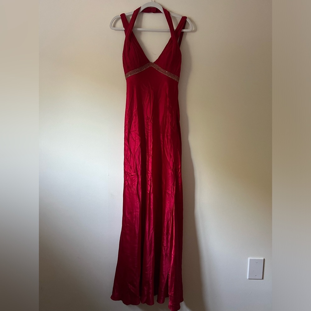Adrianna Papell Silk Red Evening Gown 100% Satin Beaded Maxi Dress Size 8